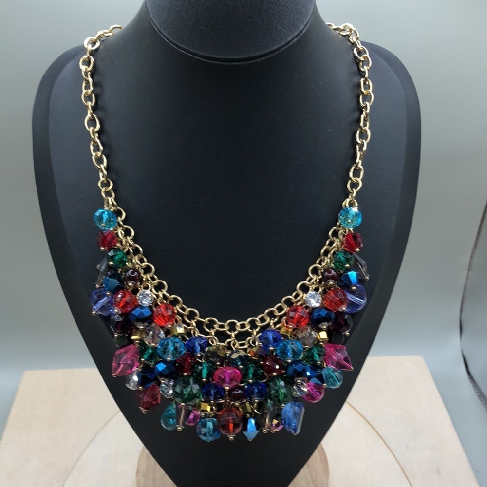 Gold tone colorful dazzling crystals chainmail bib necklace statement style. - Picture 4 of 6